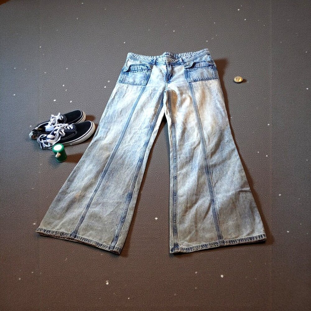 H&M Divided Wide Leg Jeans Acid Wash Utility Cargo High Rise Y2K Skater Size 8
